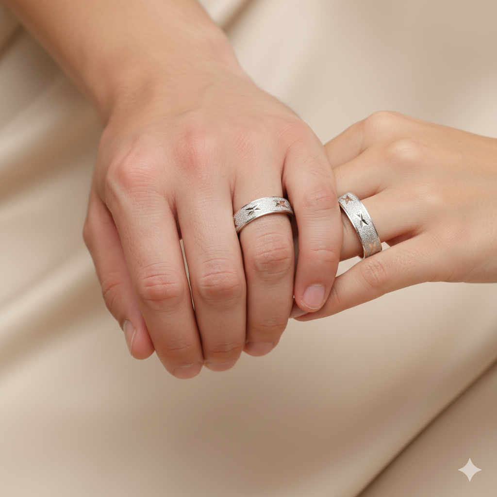 Argollas de Matrimonio Planas 4mm Facetada Modelo Satinado con Estrellas Plata Nacional