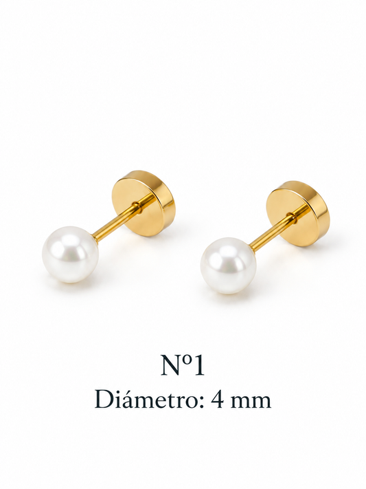 Aros Abridores Perla Casquillo Oro 14k Hipoalérgico Bebe,Niña, Joven Tamaños 4mm, 5mm y 6mm
