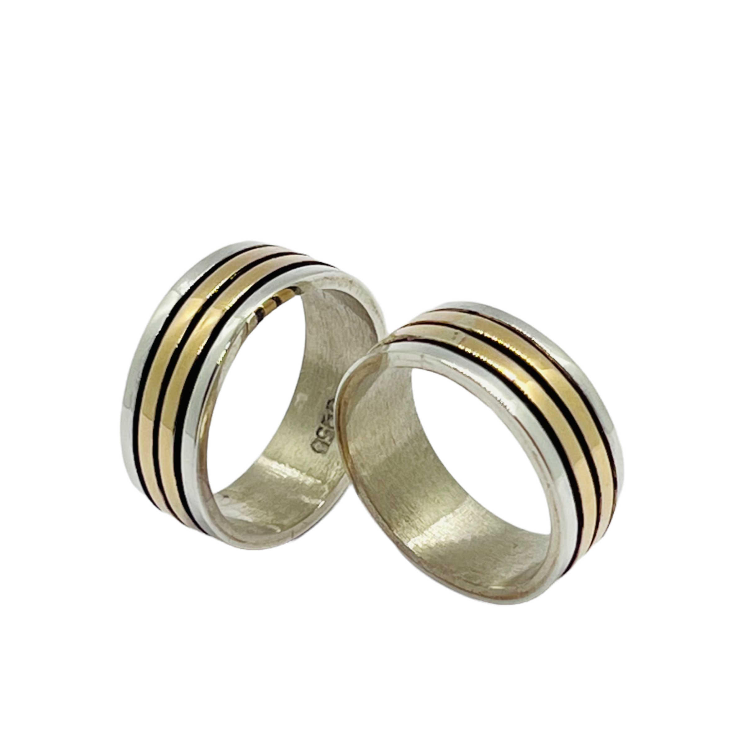 Argollas de Matrimonio Planas Doble corrida 7mm Plata Nacional con aplicaciones de Oro 14k